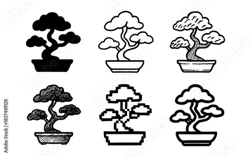 Diverse bonsai tree styles: silhouette, sketch, pixel, and ink variations