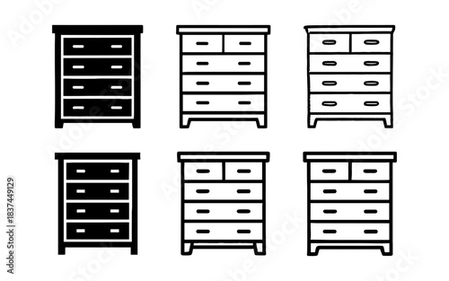 Minimalist black and white chest of drawers icons in flat and linear styles