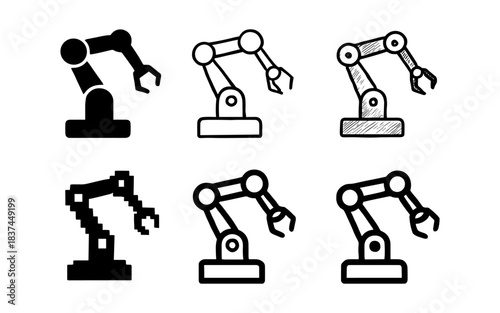 Diverse robotic arm designs: linear, sketch, pixel, and outlined styles