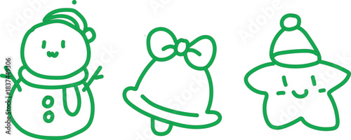 Hand drawn christmas icons snowman bell and star with festive hats
