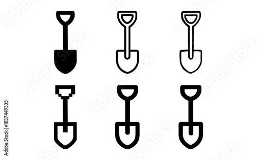 Variety of shovel icons: digital, pixel, linear, and outline styles for diverse applications