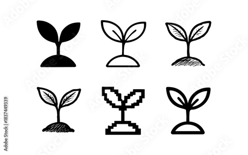Set of plant sprout icons in various styles: silhouette, pixel art, outline, scribble