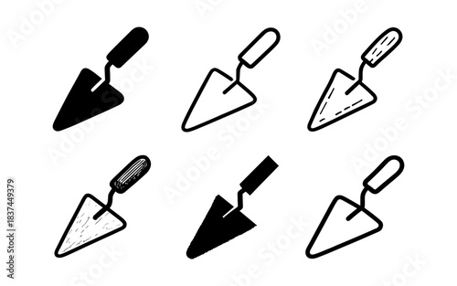 Diverse trowel designs in black and white for construction and gardening