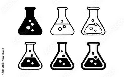 Laboratory flasks set in black and white styles for science and chemistry projects