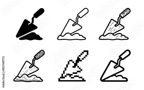 Variety of trowel icon styles: silhouette, hand drawn, pixel, sketch, minimal