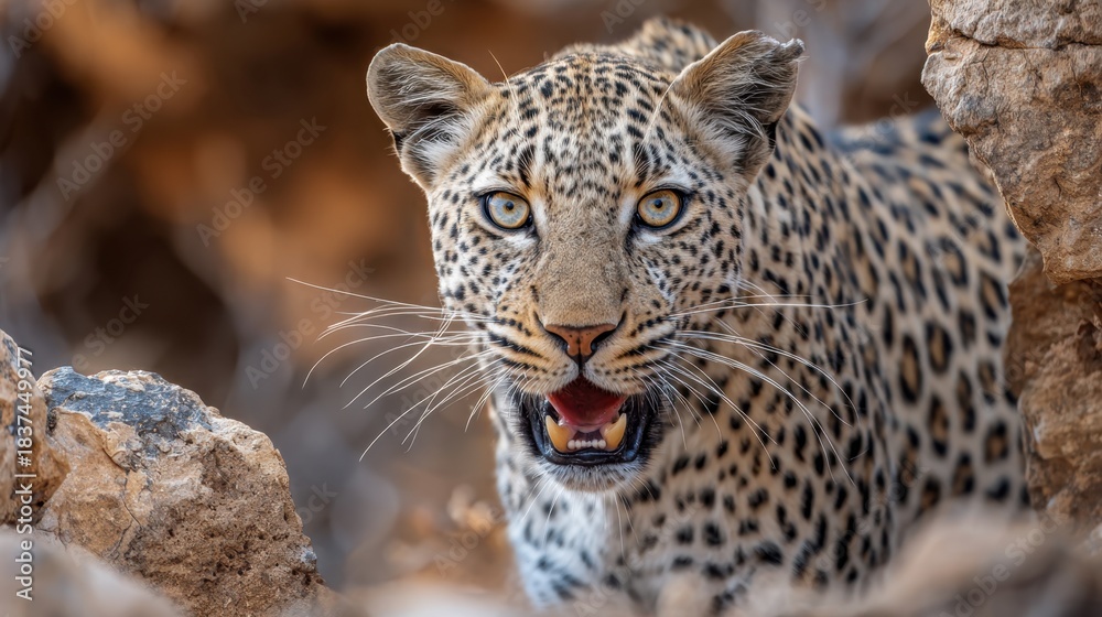 Fototapeta premium A leopard gazes intently from between rocks surrounded by a warm rugged landscape.