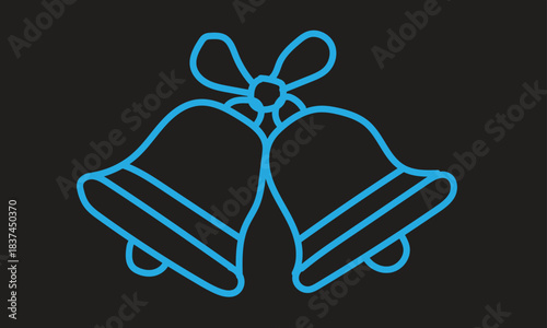 A simple blue outline drawing of two wedding bells tied together with a ribbon.