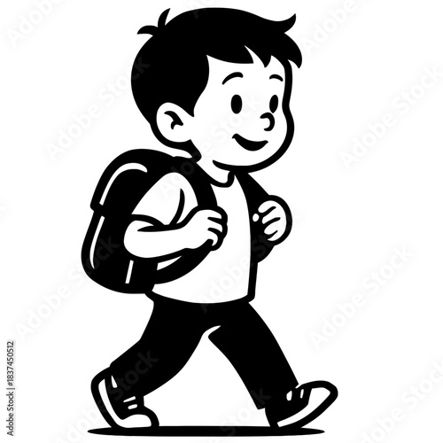 Black and white cartoon boy walking with backpack, smiling happily. This student illustration embodies the educational journey, symbolizing learning, growth, and enthusiasm for academic adventures, pe
