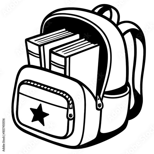 Black and white vector illustration of a school backpack with two books, a zippered front pocket with a star, and a side pouch. Perfect line art for education, back-to-school, academic designs, learni