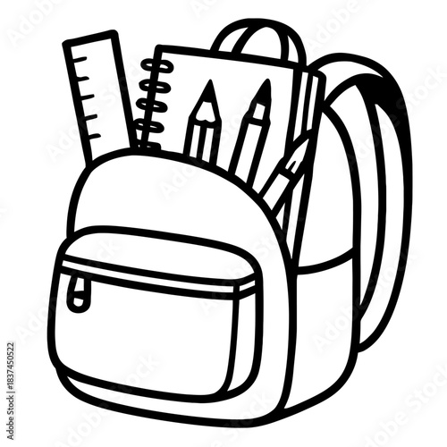 Black and white outline vector illustration of a school backpack brimming with essential learning supplies including a ruler, spiral notebook, pencil, and pen, ideal for back to school, education, stu