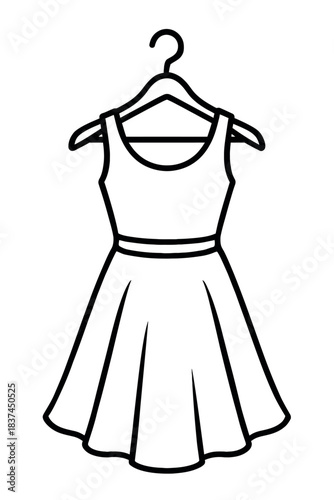 Black outline vector icon of a women's elegant sleeveless A-line dress featuring a cinched waist and flared skirt, displayed on a hanger. Ideal for fashion, apparel, retail, e-commerce, graphic design