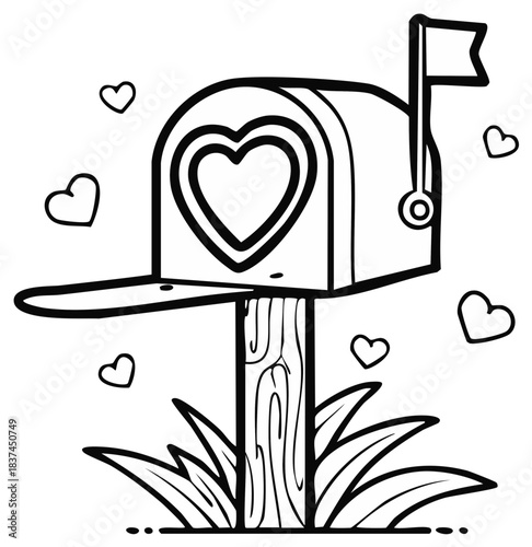 Mailbox with Heart Outline Valentines Day Symbol of Love Black and White Drawing