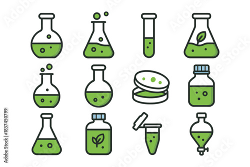 Collection of green liquid lab equipment icons with flasks and test tubes.