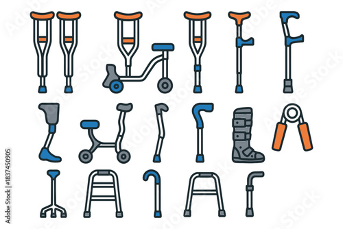 Collection of mobility aids: crutches, prosthetics, walkers, knee scooters, hand grip.