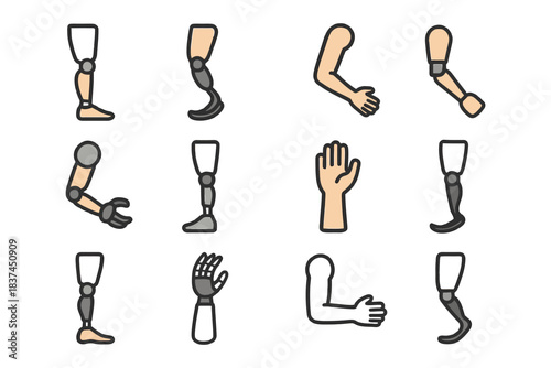 Diverse set of prosthetic arm and leg illustrations showcasing various styles and functionalities.