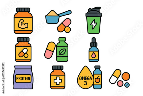 Colorful fitness supplements and containers with vitamins and protein icon set.
