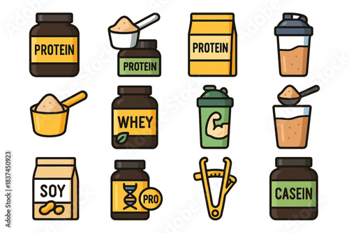 Protein powder icons: whey, casein, soy, shaker, scoop, supplement symbols.