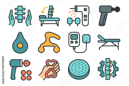 Chiropractic equipment icons set with massage tools and therapy devices.