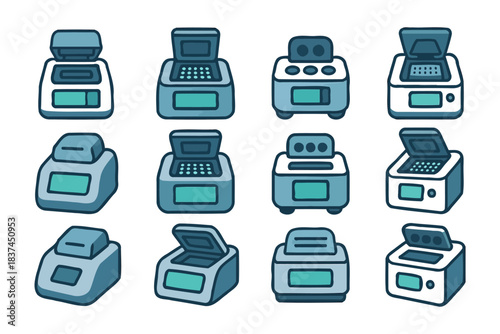 Assorted cartoon kitchen appliances with lids and buttons.