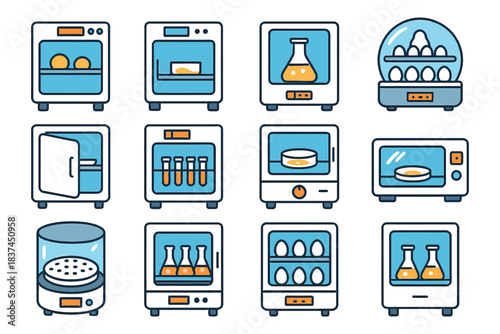 Collection of laboratory and kitchen equipment icons in blue and white design.