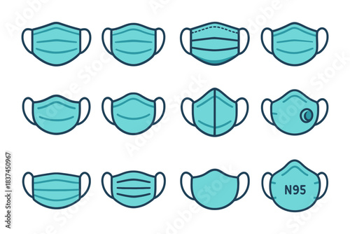 Collection of various blue face masks including n95 and surgical designs.