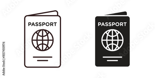 Passport icons design is in black and white, line stock illustration