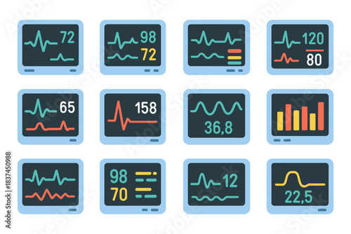 Multicolor heart rate and vital signs monitors displaying diverse health metrics.