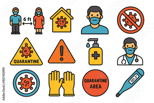 Covid-19 safety icons: masks, social distancing, quarantine, and hygiene.