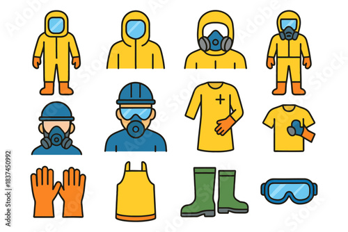 Protective gear icons: hazmat suits, masks, helmets, gloves, boots, goggles.