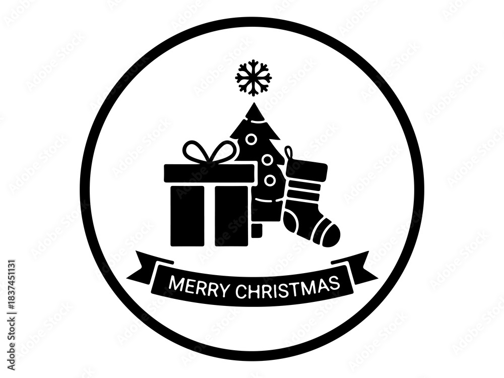 Obraz premium Merry Christmas Tree, Gifts, and Snowflake Holiday Badge Icon
