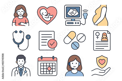 Pregnancy and healthcare icon set: woman, heart, ultrasound, medicine, doctor.