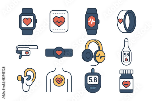 Collection of health and fitness wearable technology icons with heart rate symbol.
