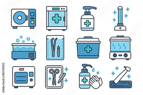 Sterilization equipment icons for medical and beauty tools.