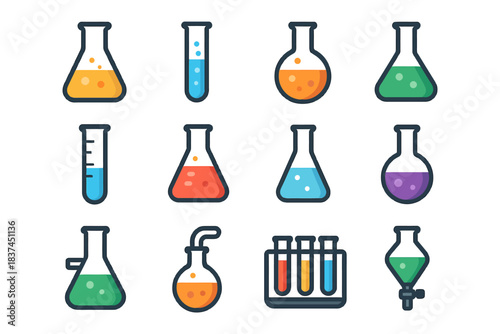 Colorful laboratory glassware icons set with flasks and test tubes.