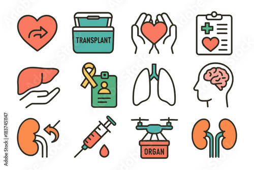 Organ donation icons: heart, liver, lungs, brain, kidneys, transplant symbols.