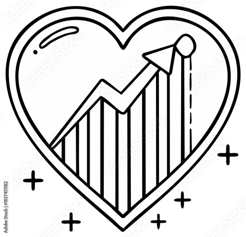 Heart shape with upward trending bar graph and arrow showing progress and growth