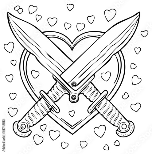 Monochrome line art illustration of two crossed daggers over a heart, surrounded by floating heart shapes