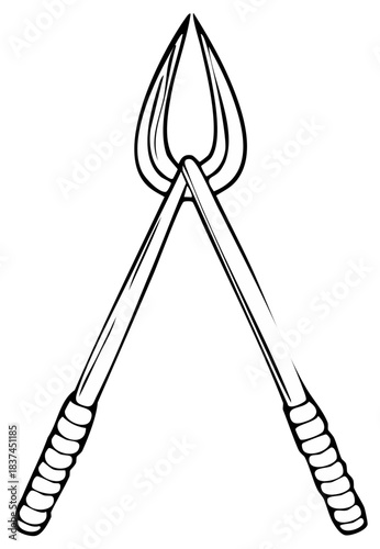 Stylized illustration of blacksmith tongs or large shears crossed against a white background
