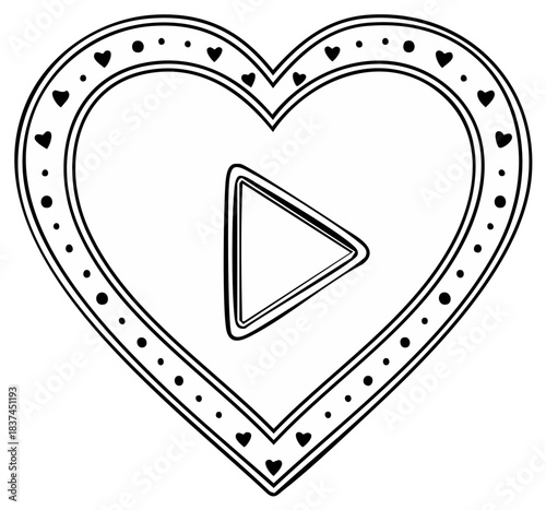 Heart with play button outline vector illustration for love, entertainment, and media content
