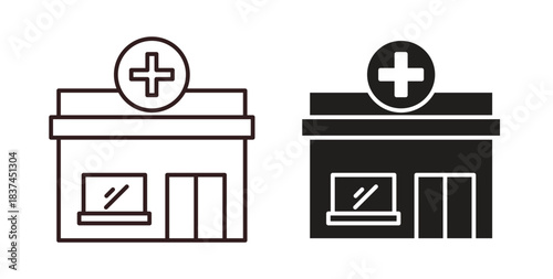 Pharmacy icons design is in black and white, line stock illustration