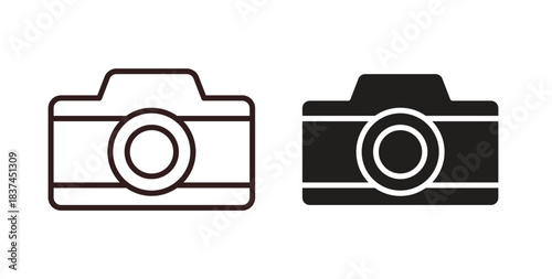 Photo Camera icons design is in black and white, line stock illustration
