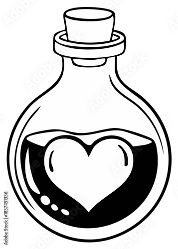 Black and White Illustration of Love Potion in a Glass Bottle with Cork Stopper Heart Shape