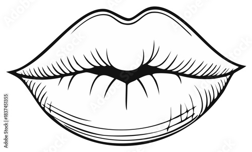 Black and White Illustration of Luscious Lips. Elegant, Stylized Art.