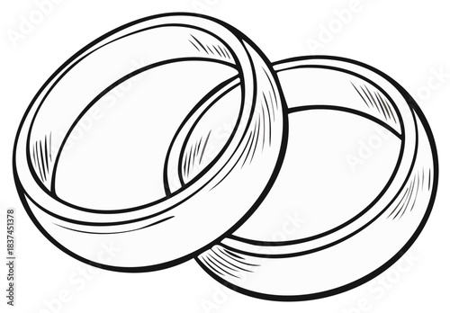 Two interlocking wedding rings drawn in a simple outline style with hatching for texture