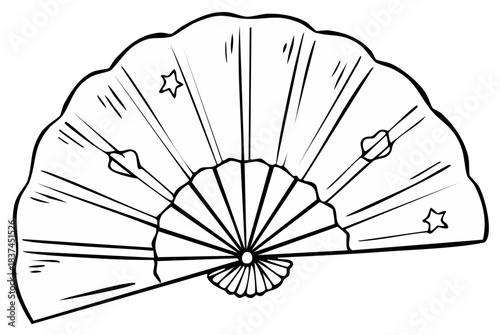 Hand Fan Sketch with Star and Heart Accents Asian Style Folding Design