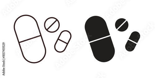 Pill icons design is in black and white, line stock illustration