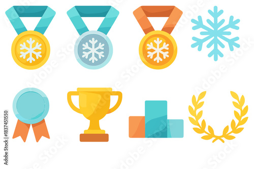 Vibrant Medal Icons. Frosty Achievement modern flat vector icons: gold medal, silver medal, bronze medal, snowflake emblem, ribbon, trophy, podium, laurel wreath