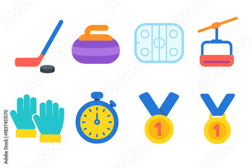 Winter Sports Icons. Frosty Competition modern flat vector icons: hockey stick, puck, curling stone, ice rink, ski lift, snow gloves, stopwatch, medal