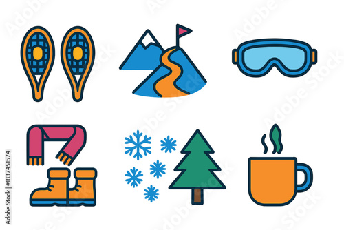 Winter Adventure Icons. Frozen Path Journey modern flat vector icons: snowshoes, mountain trail, scarf, goggles, boots, snowflakes, pine tree, hot drink