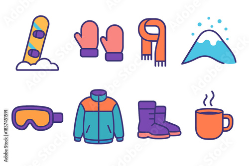 Snow Gear Icons. Chill Board Vibes modern flat vector icons: snowboard resting on snow, mittens, scarf, snow-covered hill, snow goggles, jacket, boots, warm drink.